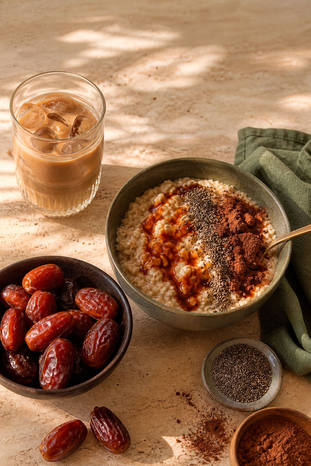 Date-sweetened oatmeal with dates, cinnamon and an iced drink