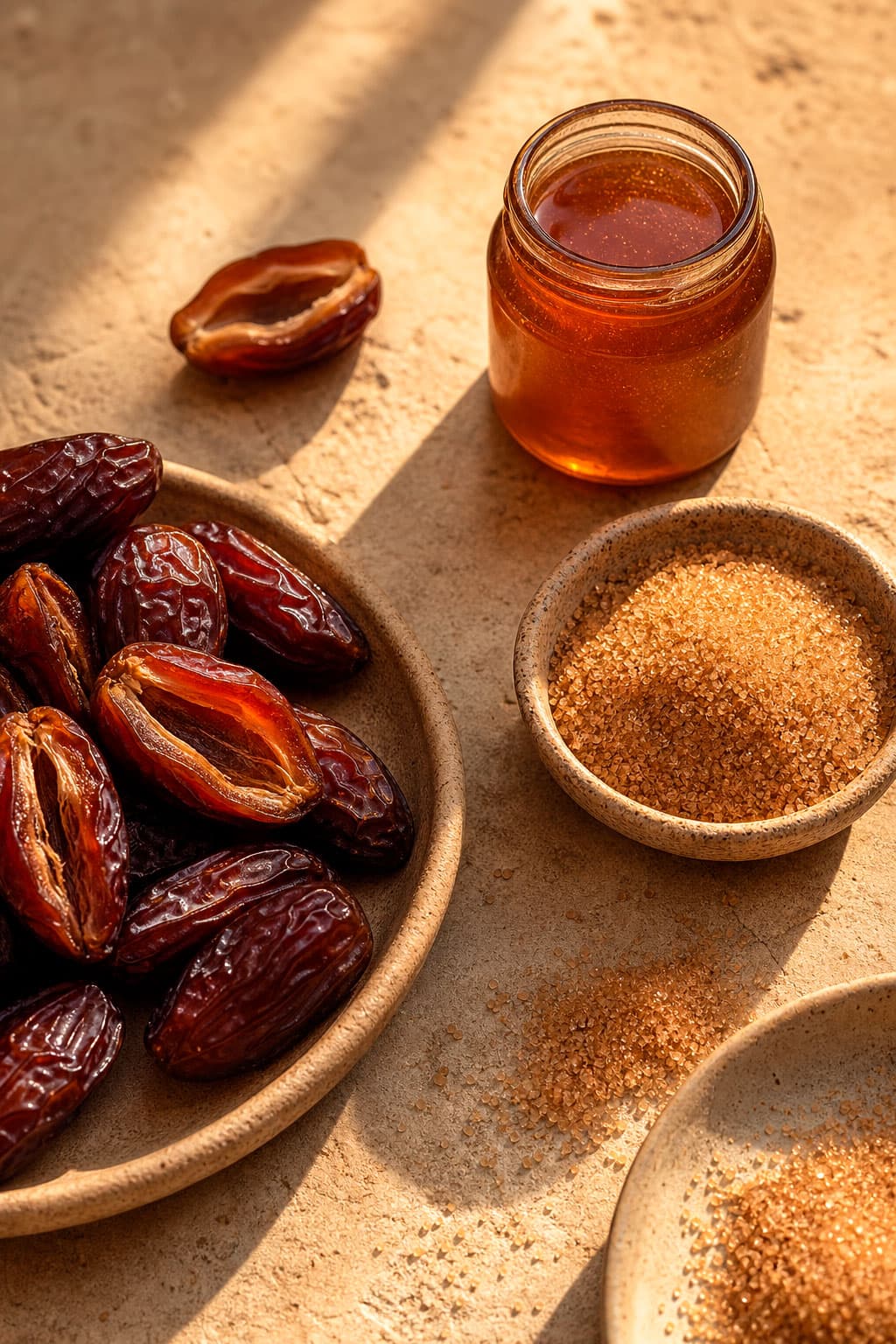 Dates & Co date honey, date sugar and whole dates on a stone surface