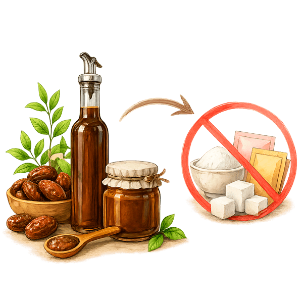 Illustration of date honey, dates and a bowl of natural sweetener