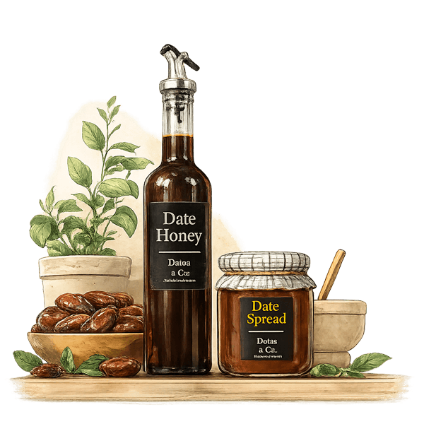 Illustration of date honey with dates, natural sweeteners and plants
