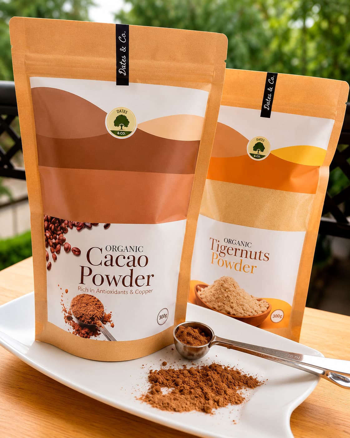 Organic cacao powder and tigernut powder in resealable pouches