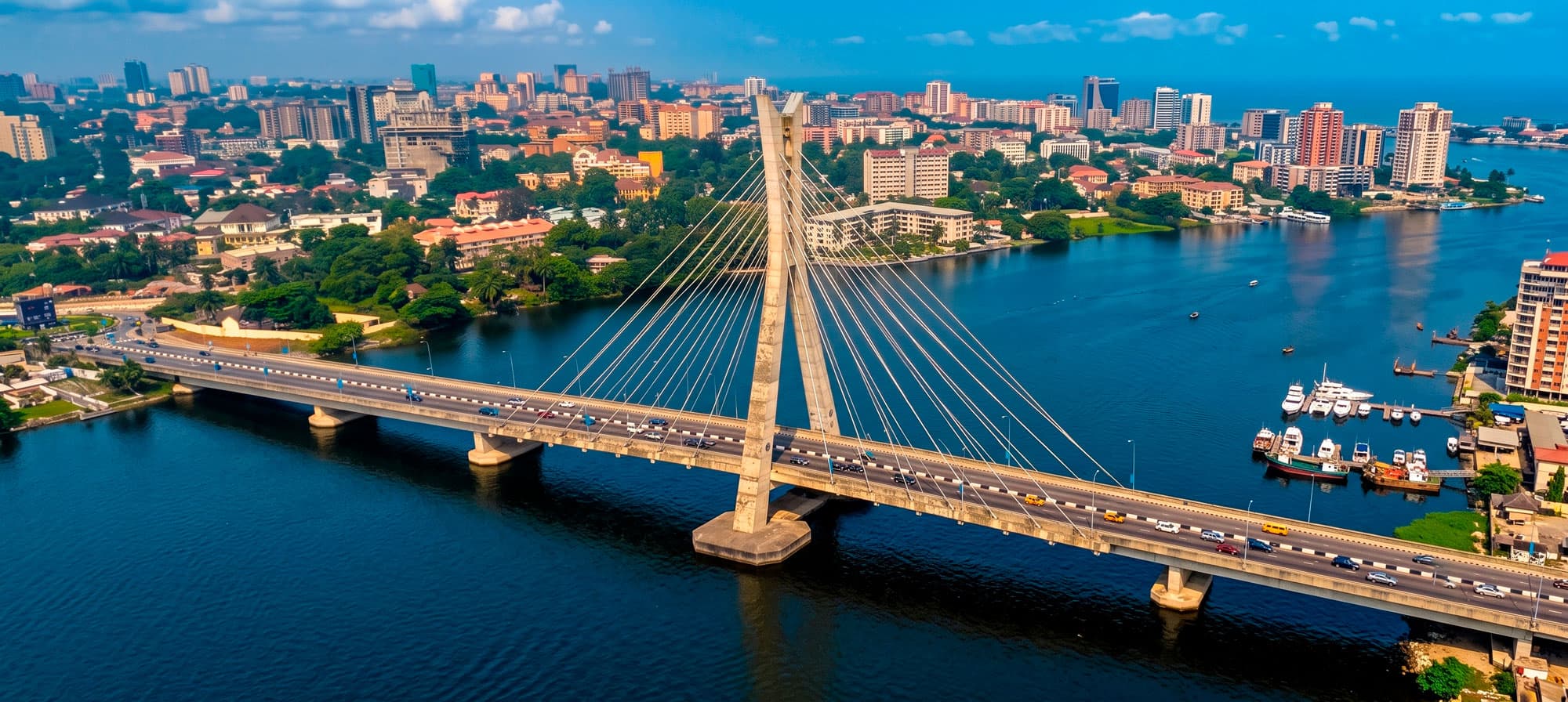 Aerial view of the Lekki-Ikoyi Link Bridge crossing Lagos Lagoon